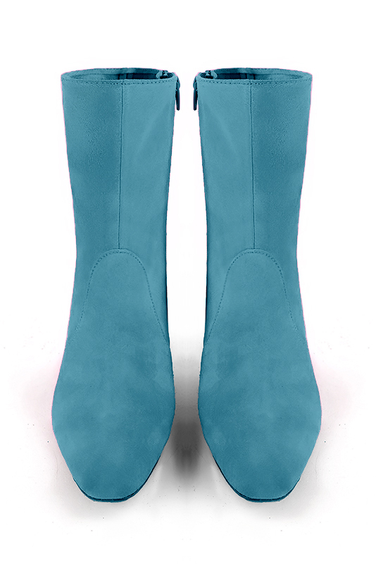Peacock blue women's ankle boots with a zip on the inside. Square toe. Medium block heels. Top view - Florence KOOIJMAN